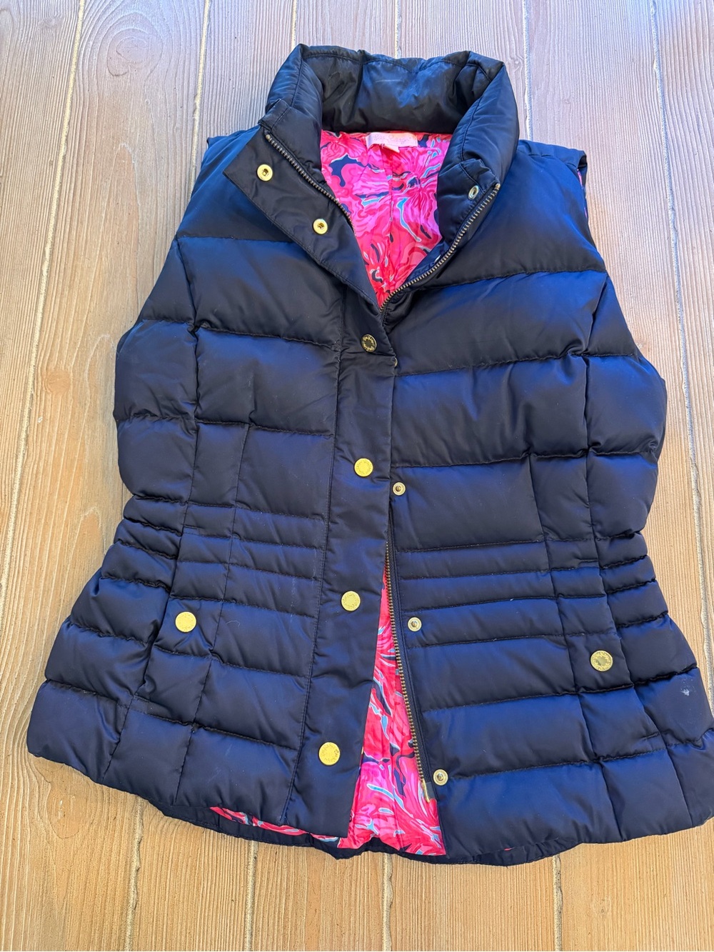 Lilly Pulitzer Isabelle Navy Puffer Vest with Pink Lined Interior